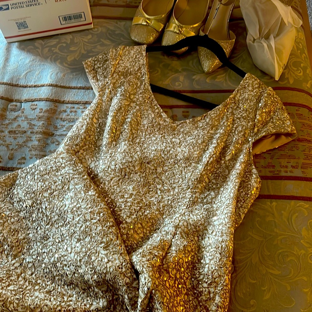 Alex Evenings. sequined, evening gown. Size 14P champagne beige. Shoe not incl.